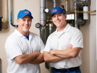 Smiling plumber and HVAC technician in uniforms stand together, ready to service your plumbing and heating/cooling needs. Plumbing and HVAC equipment visible in the background.