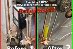 Emergency Boiler Repair - A split image of a dirty boiler with a rusty water level gauge (before) and a clean boiler with a clear water level gauge and green boiler chemicals (after).