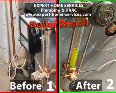 Emergency Boiler Repair - A split image of a dirty boiler with a rusty water level gauge (before) and a clean boiler with a clear water level gauge and green boiler chemicals (after).