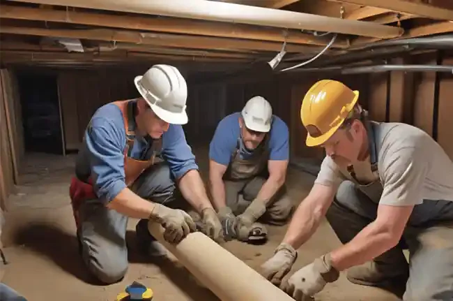 Plumbers replacing main sewer line in a basement - Professional Sewer Line Repair.